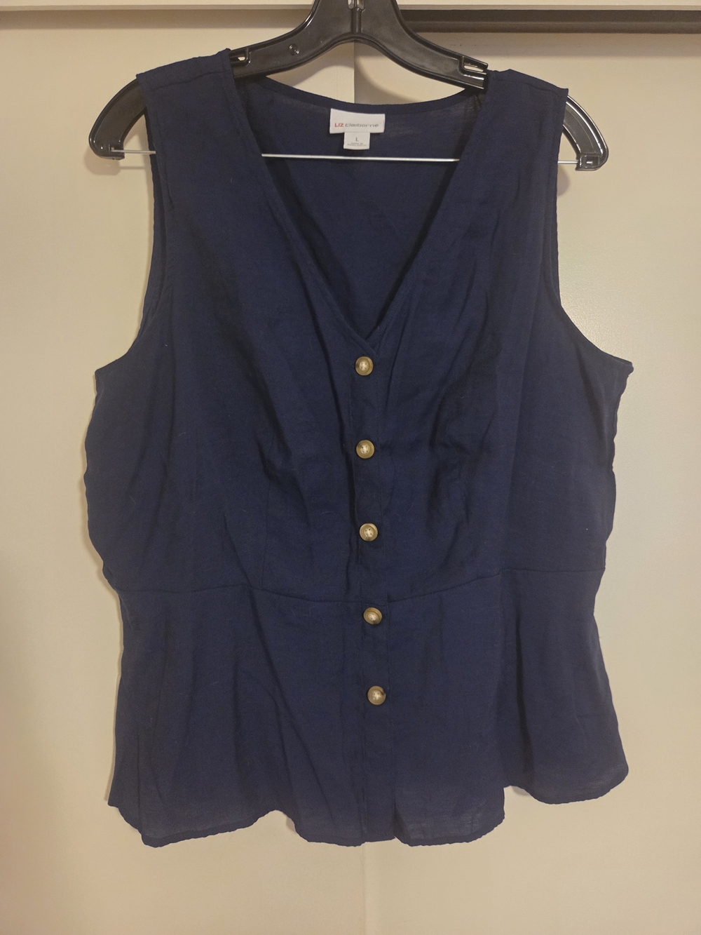 Liz Claiborne Navy Sleeveless V-Neck Button Front Top